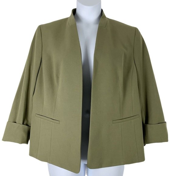 Nine West XL Blazer Cardigan Open Front Green Long Sleeve Shoulder Pads Womens